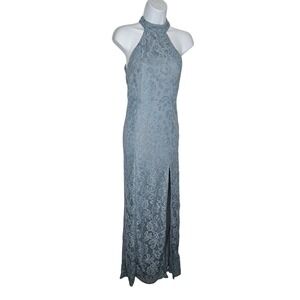 Lulus‎ XS Blue Lace Halter Maxi Dress Open Back Slit Formal Evening Gown